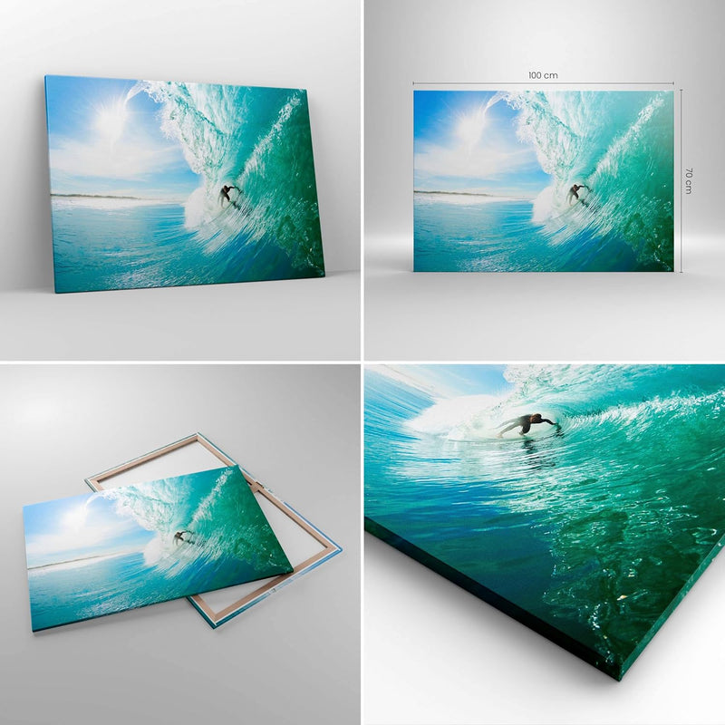 Bilder auf Leinwand 100x70cm Leinwandbild Abenteuer surfer welle ozean Gross Wanddeko Bild Schlafzim