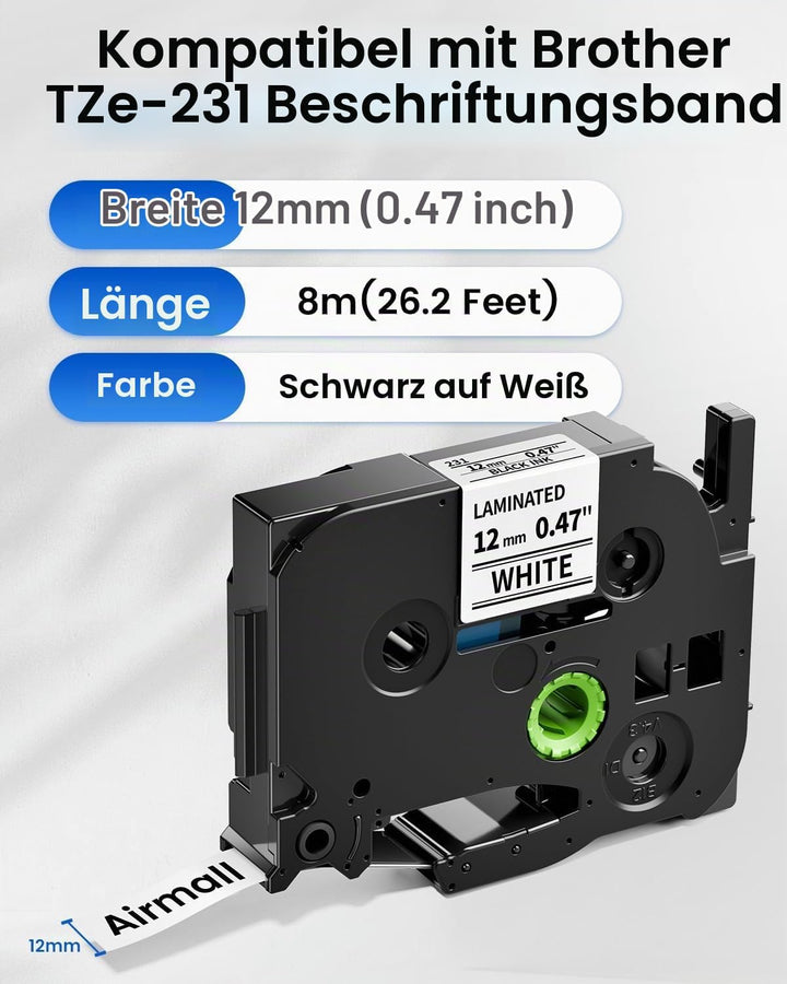 Kompatibel mit Brother P-touch Bänder 12mm Weiss TZe-231 TZe231 TZe TZ Tape 12mm 0.47 Laminiertes Sc