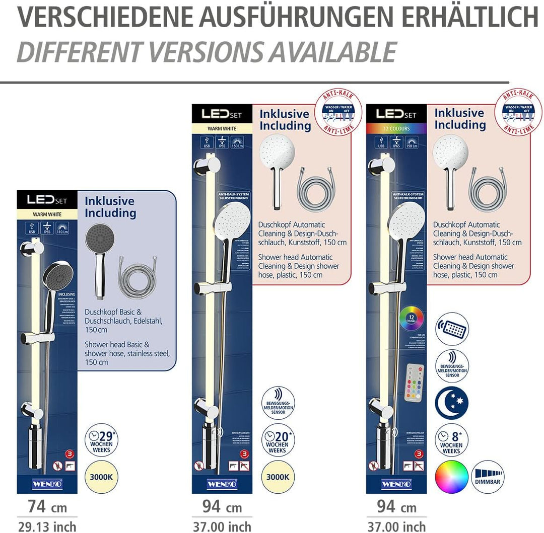 WENKO LED Design-Duschstange mit integrierter, einheitlicher & vollflächiger Beleuchtung, energiespa