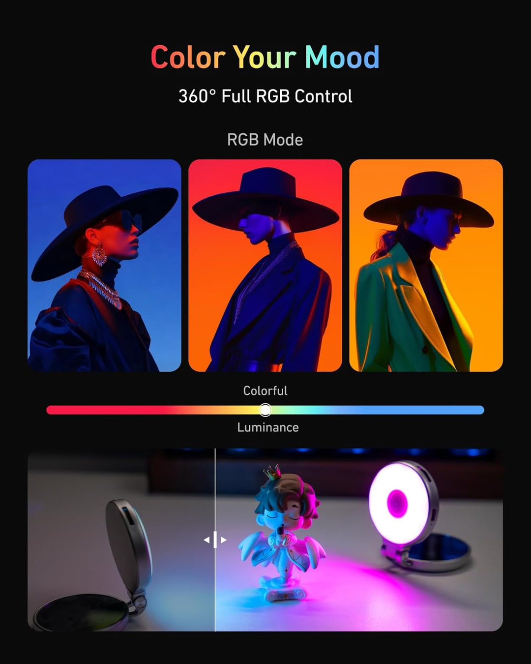 TELESIN 4-in-1 Magnetisches RGB Selfie-Ringlicht mit Spiegel & Handyhalter | 2500–7000K LED Licht, 3