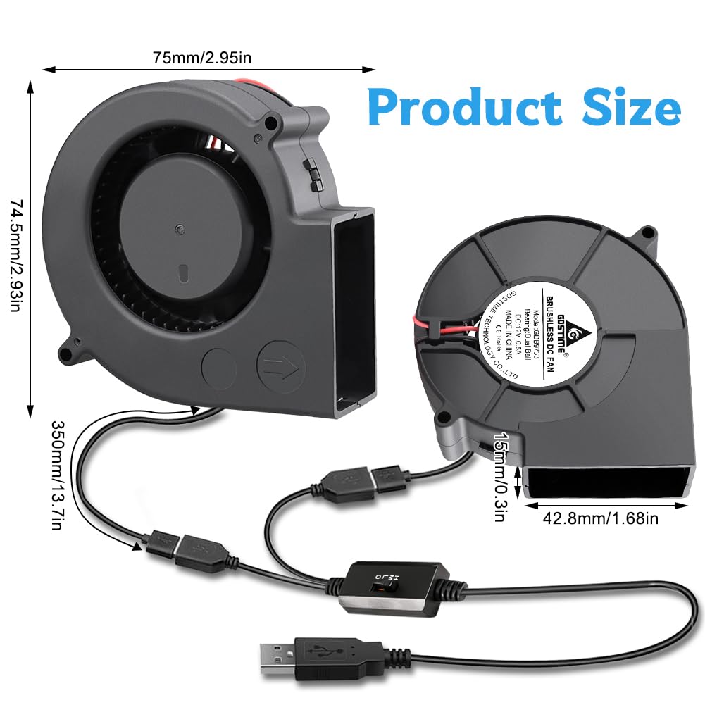 2X Radiallüfter USB mit drehzahlregler - 12V Gebläse Lüfter 75mm - 2-in-1 Radialgebläse für Heizkörp