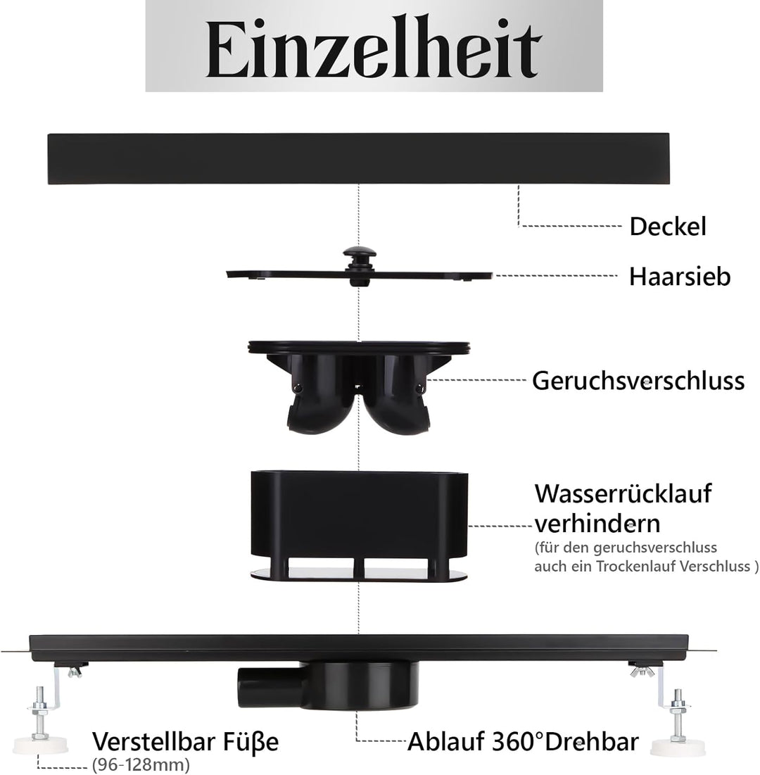 Duschrinne 100 cm Komplettset Schwarz, Edelstahl Ablaufrinne, Extra flache befliesbare Duschrinne mi