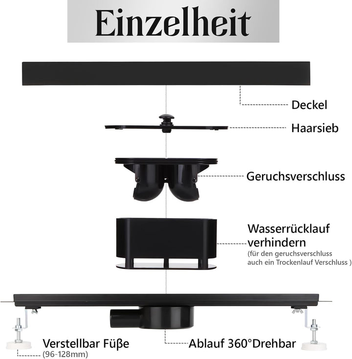 Duschrinne 30 cm Komplettset Schwarz, Edelstahl Ablaufrinne, Extra flache befliesbare Duschrinne mit