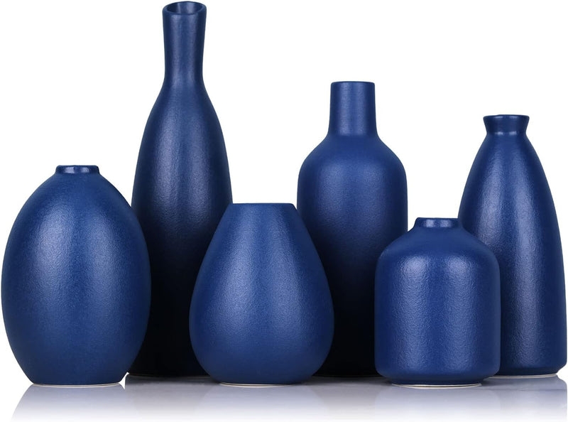 Blaue Keramik Knospen Vasen Set von 6, Bauernhaus Dekor, Kamindekor, Kaminsims & Regal Dekor, Heimde