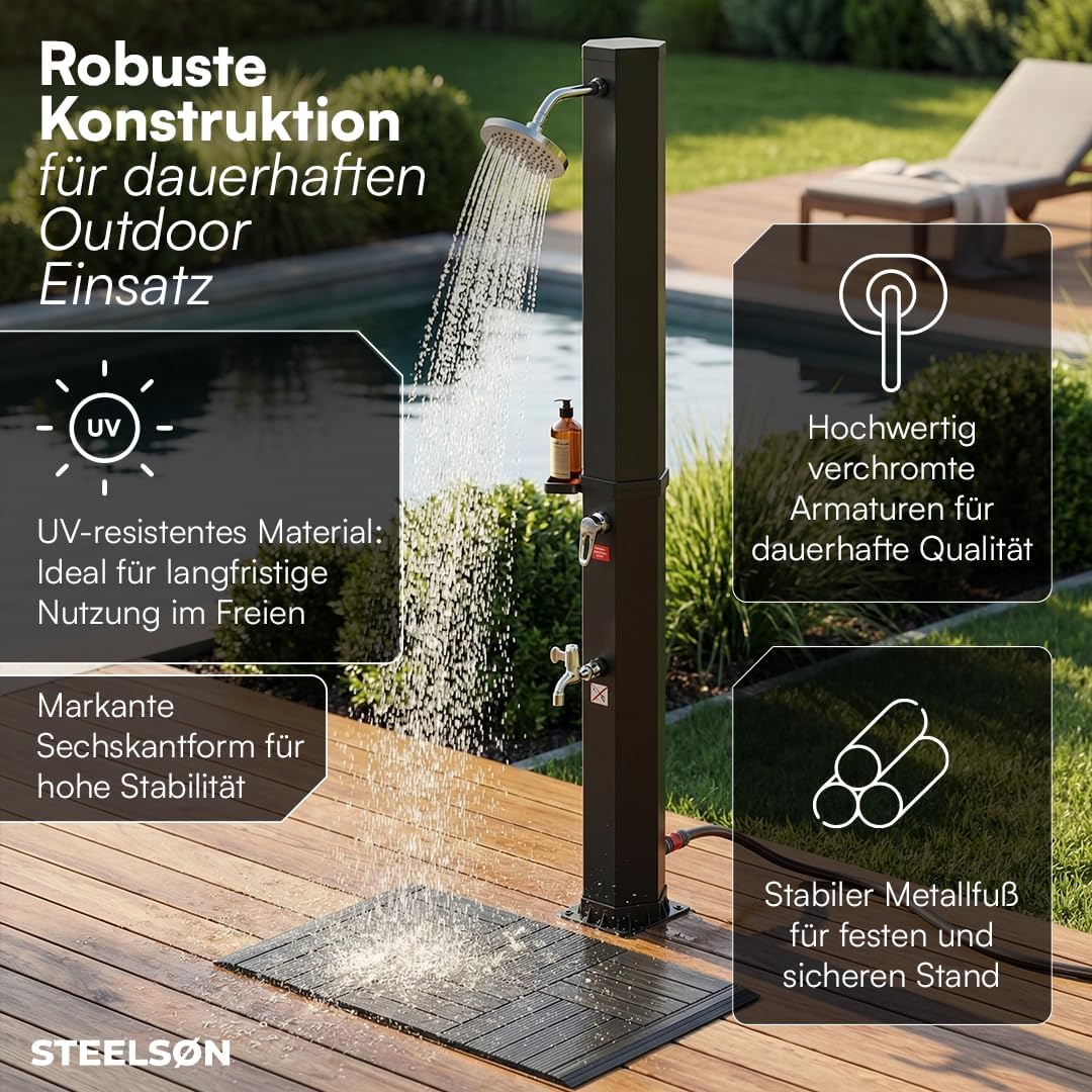 STEELSØN Xypher Solardusche mit Bodenplatte 60L – Gartendusche 60°C – Pooldusche ohne Stromanschluss