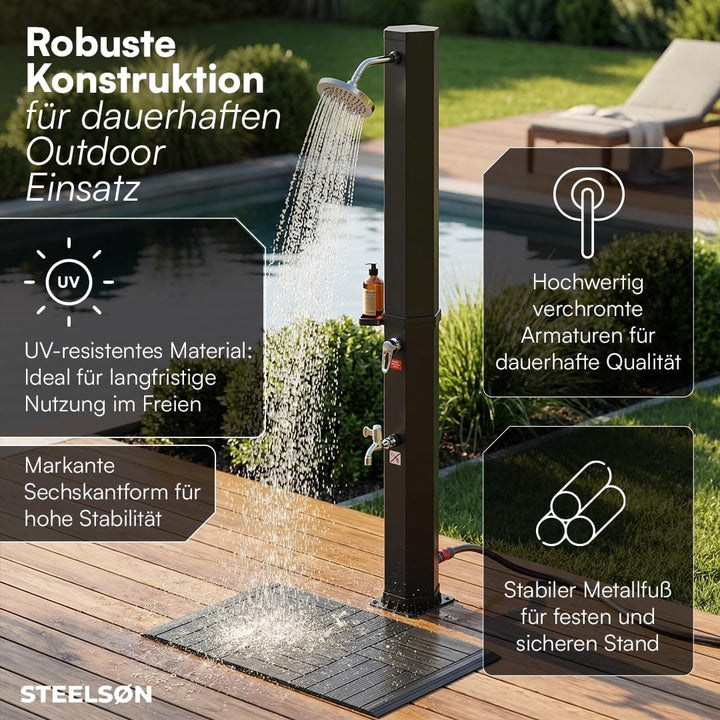 STEELSØN Xypher Solardusche mit Bodenplatte 60L – Gartendusche 60°C – Pooldusche ohne Stromanschluss