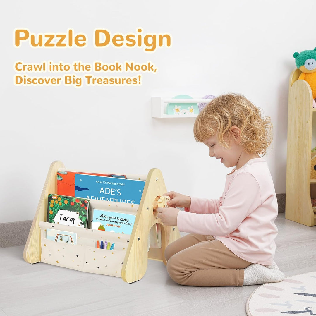 Bücherregal Kinder mit Doppelter Seite, Dreieckige Kinderregal 4-stöckig Montessori Regal für Kinder