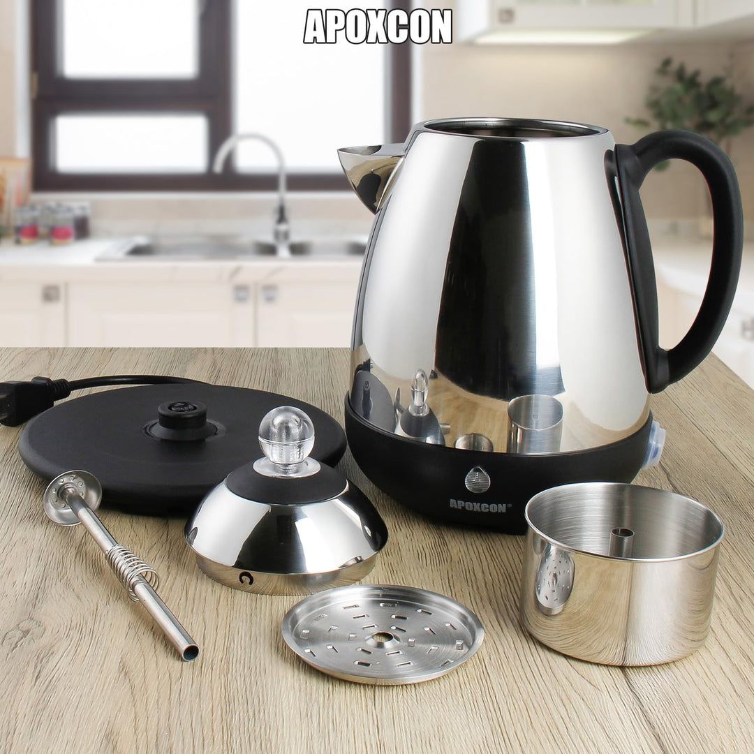 APOXCON Edelstahl-Kaffeekanne mit Permanentfilter 1,5 Liter (10 Tassen) mit Glasdeckel, garantiert t