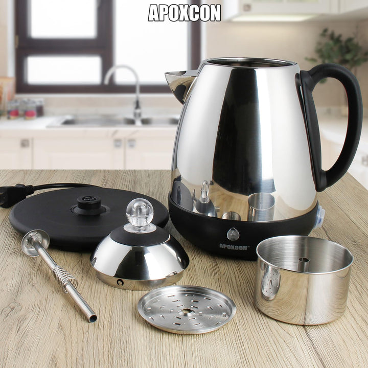 APOXCON Edelstahl-Kaffeekanne mit Permanentfilter 1,5 Liter (10 Tassen) mit Glasdeckel, garantiert t