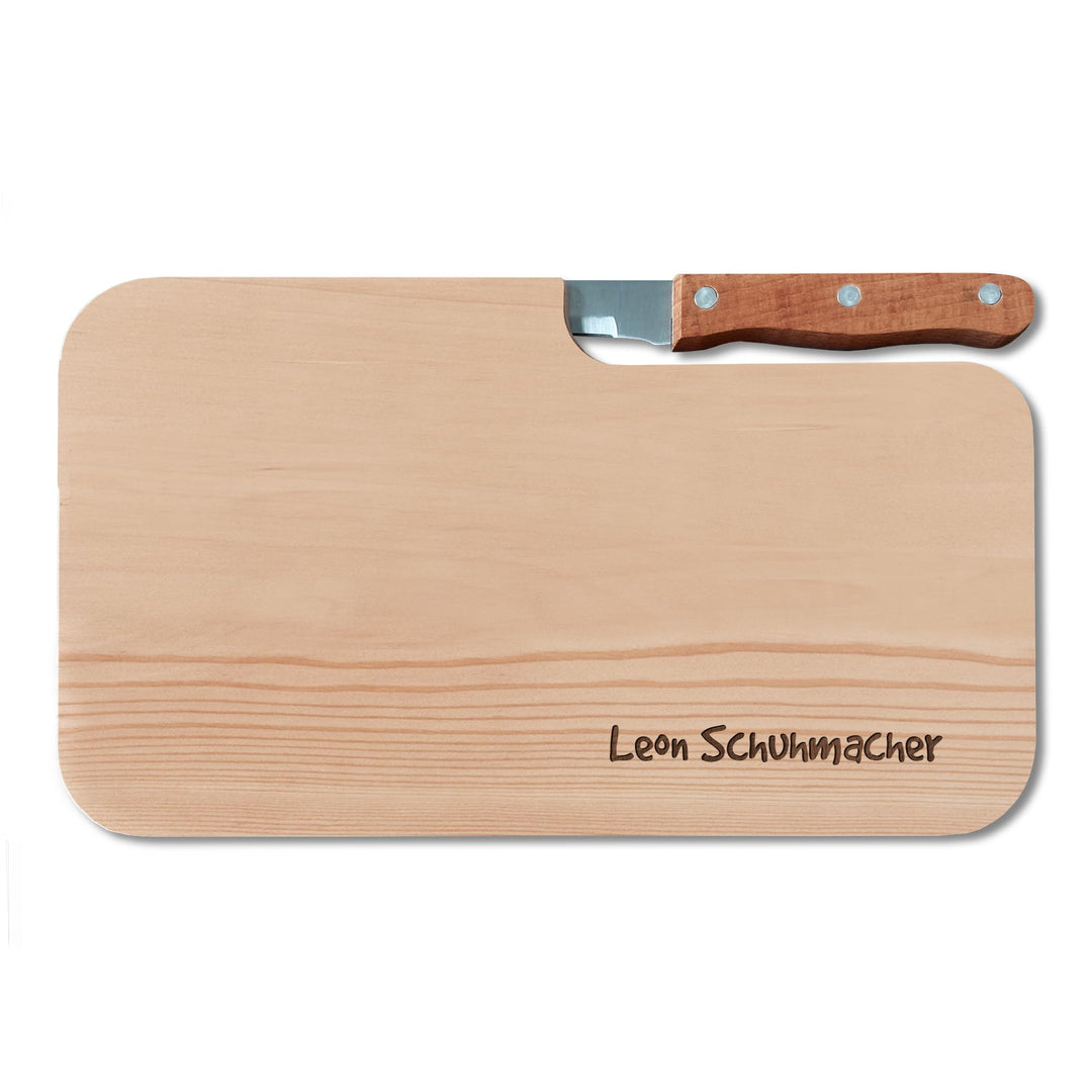 Personalisiertes Frühstücksbrettchen mit Messer, Wunsch-Name oder Text graviert – Geschenk-Idee Gebu