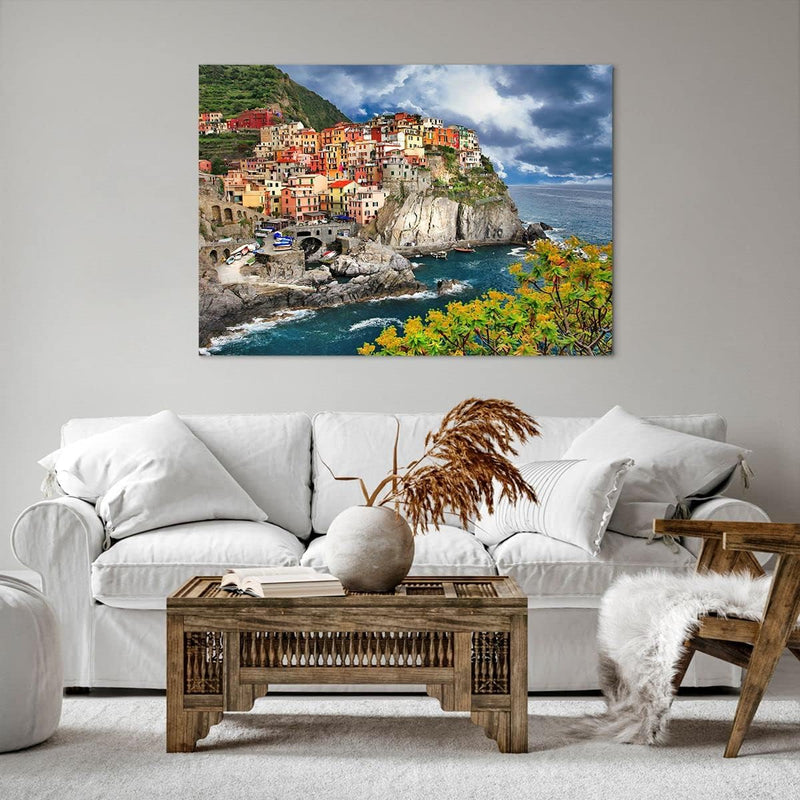 Bilder auf Leinwand 100x70cm Leinwandbild Italien küste felsen landschaft Gross Wanddeko Bild Schlaf