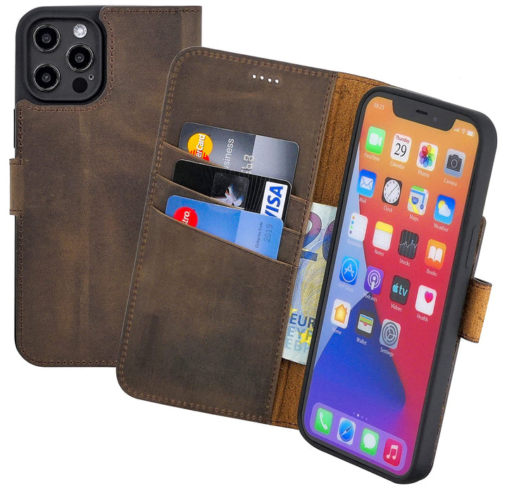 Suncase Book-Style Hülle kompatibel mit iPhone 14 Plus (6.7") Leder Tasche (Slim-Fit) Lederhülle Han