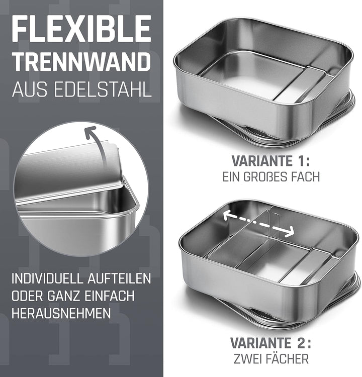Edelstahl Brotdose mit Fächern 800ml | inkl. flexiblem Trenner | Brotbox Kinder mit Unterteilung | B