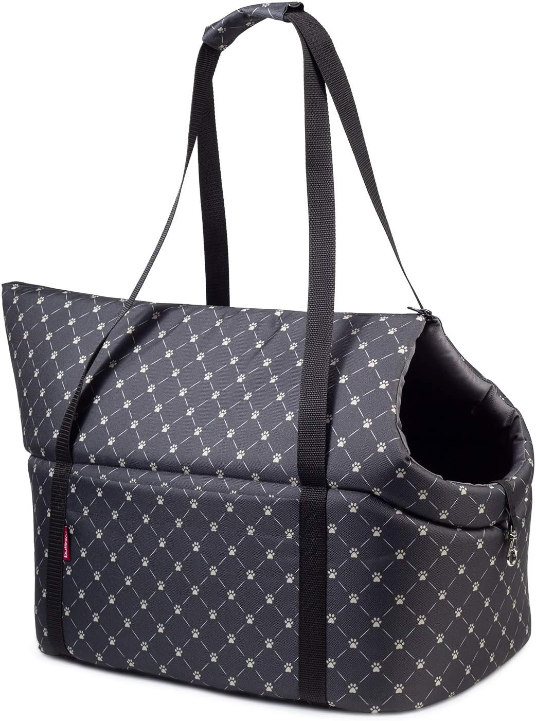 Hundetasche - Schwarz/Muster: Pfoten, L bis 15 kg - Tragetasche für kleinen und mittleren Hund, Welp