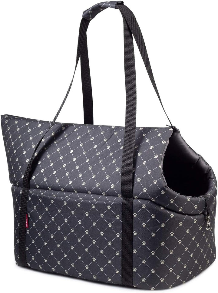 Hundetasche - Schwarz/Muster: Pfoten, L bis 15 kg - Tragetasche für kleinen und mittleren Hund, Welp