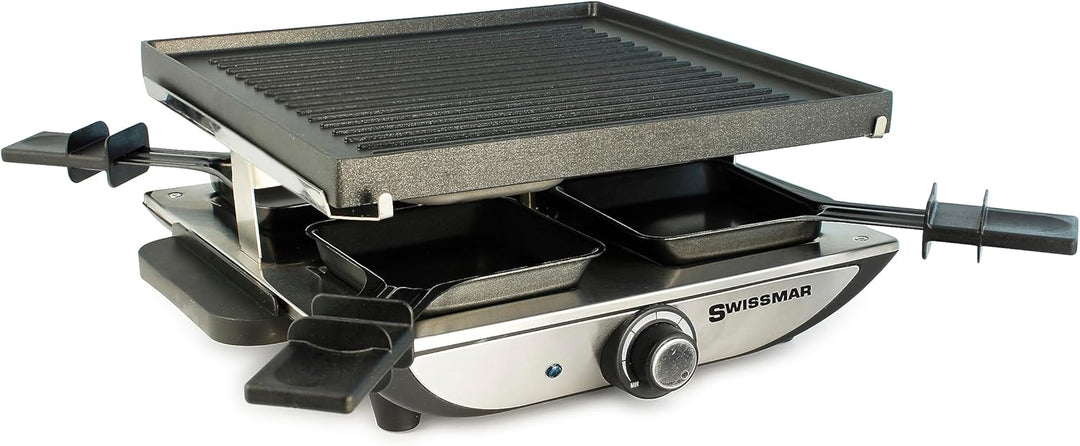 Swissmar Geneva Raclette 4 Personen, Raclette Grill mit Pfännchen und Schiebern, Mini Raclette-Grill
