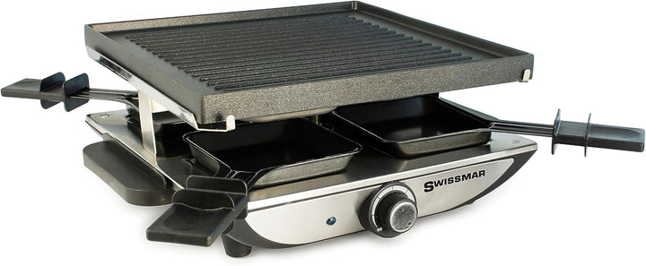 Swissmar Geneva Raclette 4 Personen, Raclette Grill mit Pfännchen und Schiebern, Mini Raclette-Grill