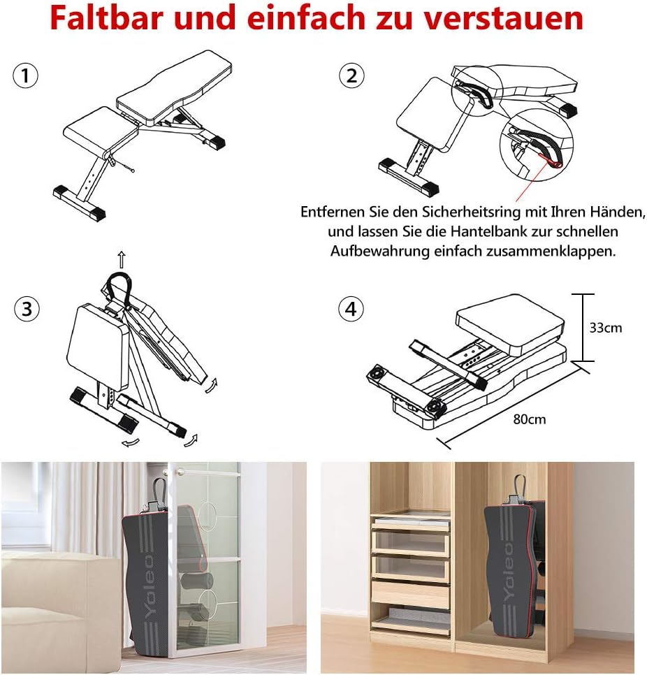 YOLEO klappbare Hantelbank Multifunktion Training Fitness Bank Bauchtrainer Schrägbank mit 6-Fach Ve