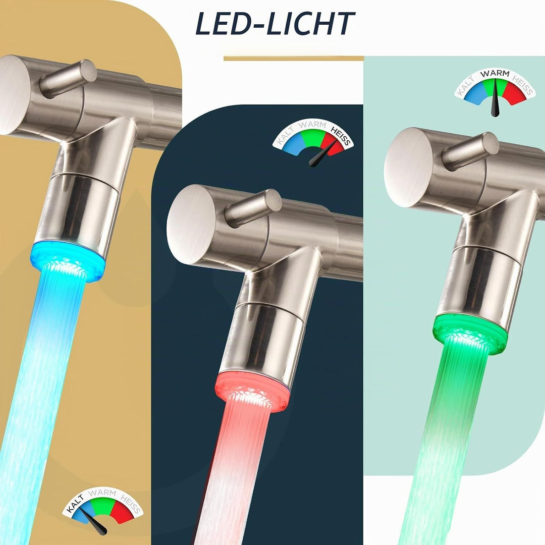 FORIOUS Wasserhahn Küche, Edelstahl-Küchenarmatur mit LED, Spülarmaturen Küche, Zweigriff-Mischbatte