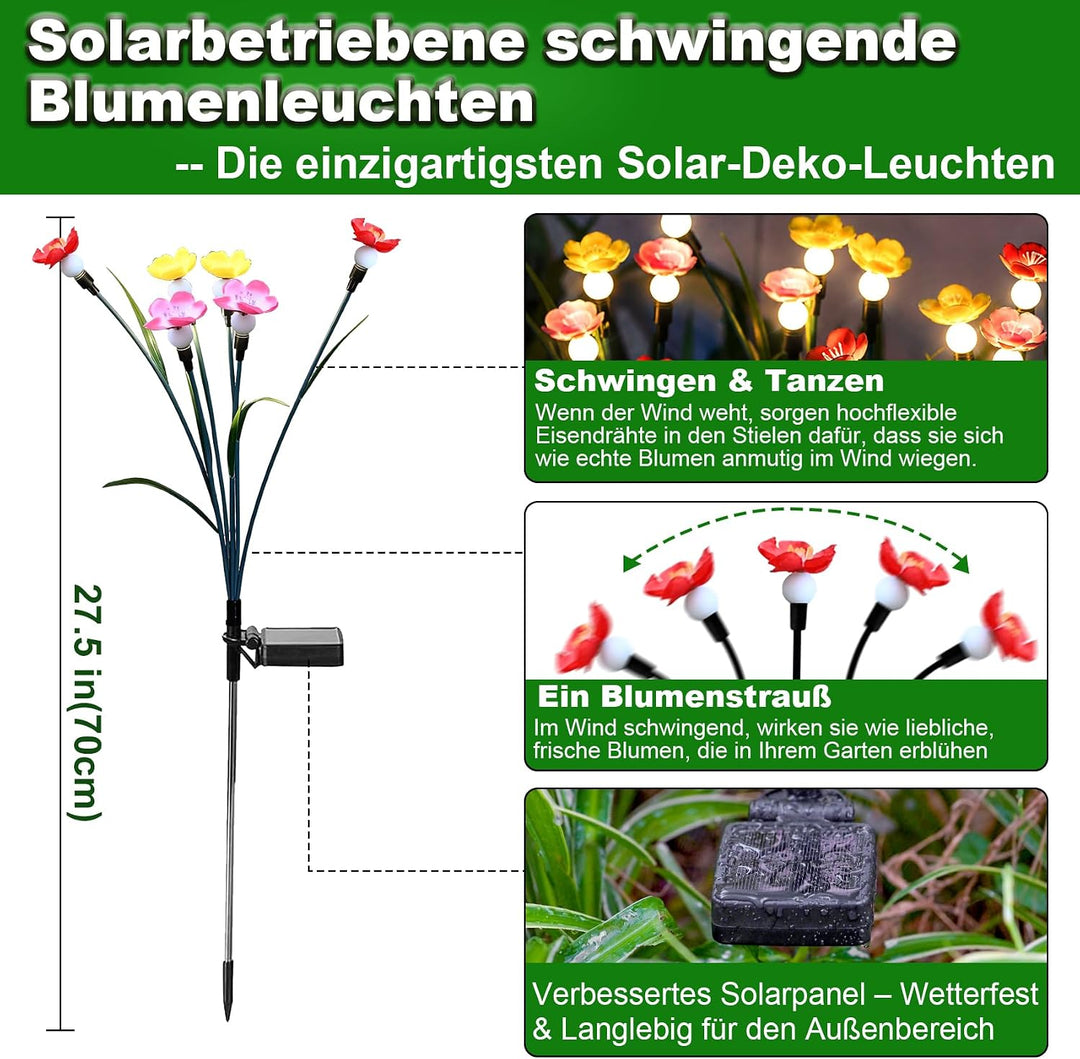 Solar-Gartenlichter, 4 Stück, schwingende Blume und Glühwürmchen, schwingt im Wind, Solar-Aussenleuc