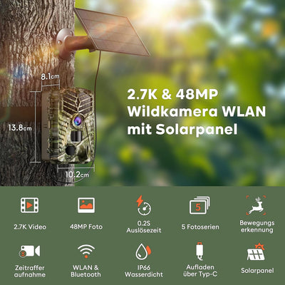 Solareye Wildkamera mit Handyübertragung App - 2,7K 48MP WLAN Wildtierkamera Solar mit Bewegungsmeld
