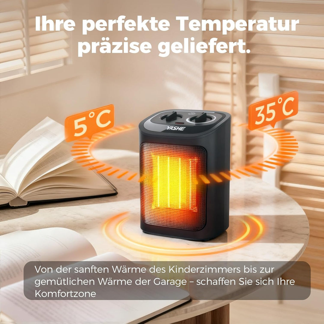 YASHE Elektroheizkörper 1500W, PTC Keramik Heizlüfter mit Thermostat, 2 Heizstufen + Ventilatormodus