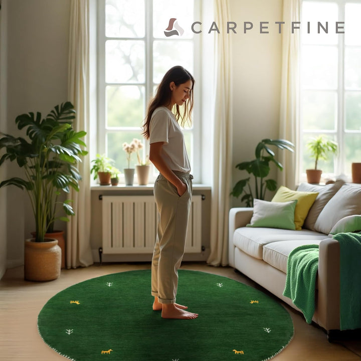 carpetfine Wollteppich Gabbeh Uni Rund Grün Ø 80 | Moderner Teppich für Wohn- und Schlafzimmer Ø 80