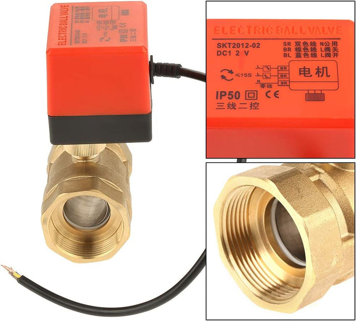 Motorisiertes Kugelventil, Messing DC 12V G1-1/2 Zoll DN40 Geräuscharmes 2-Wege-Kugelventil mit Moto