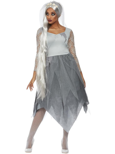 Graveyard Bride Costume, Grey, Dress & Veiled Headband (S)