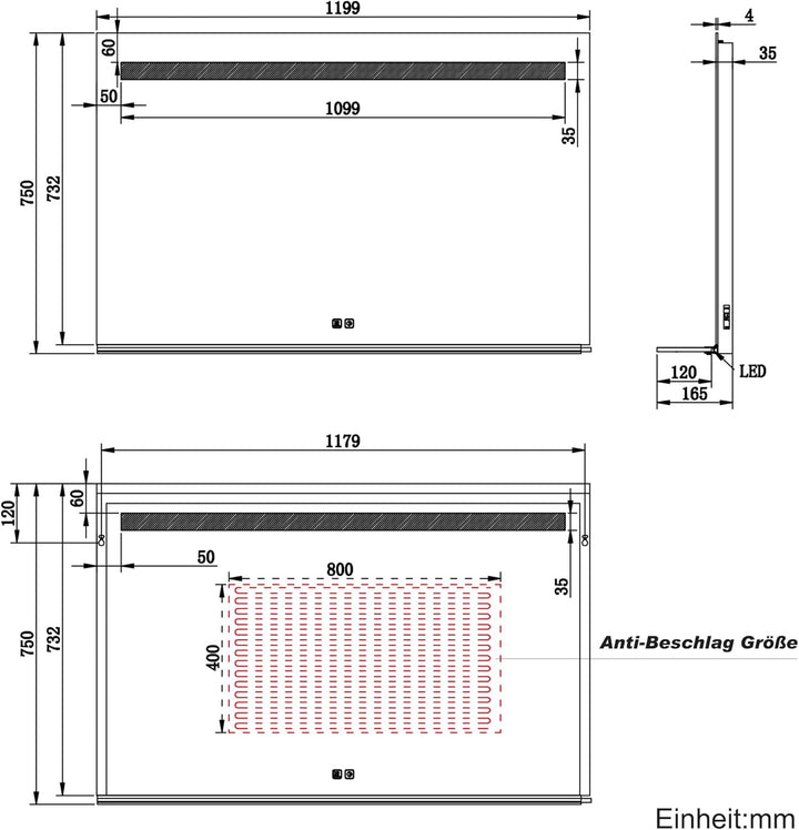 SONNI LED Badspiegel mit Ablage 120x75 cm, Touch Badezimmerspiegel mit Steckdose, 3 Lichtfarben, Ant