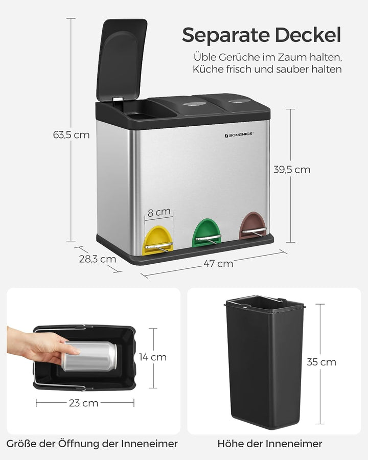SONGMICS Mülleimer für die Küche, 3 x 8 L, Abfalleimer aus Metall, 3-in-1 Treteimer, Mülltrennung, M