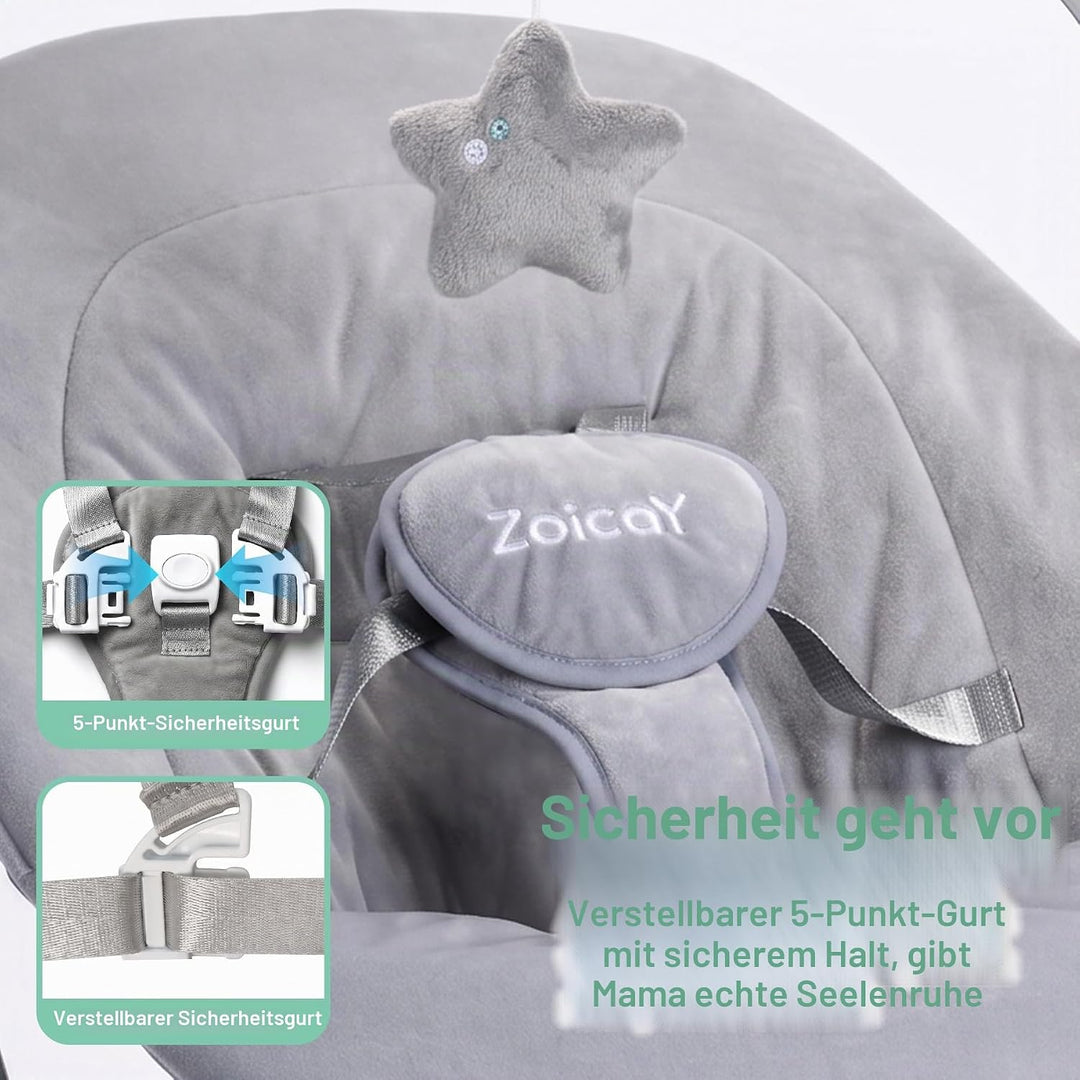 Babywippe Elektrisch mit 3 Modus 5 Tempo für Neugeborenes 0-9 Monate (Grau) | Babywippe 5-Punkt-Gurt
