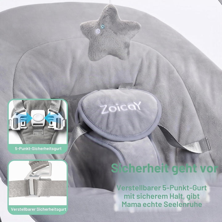 Babywippe Elektrisch mit 3 Modus 5 Tempo für Neugeborenes 0-9 Monate (Grau) | Babywippe 5-Punkt-Gurt