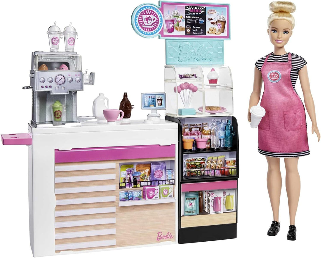 Barbie GMW03 - Naschcafé Spielset, kurviger Blonde (30,4 cm), +20 realistische Spielteile: Maschine,