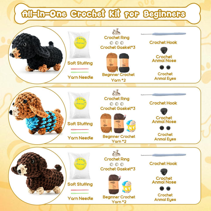 Häkelset für Anfänger, Amigurumi Dachshund Häkelset Tiere Crochet Kit, Alles in Einem Häkeln für Anf