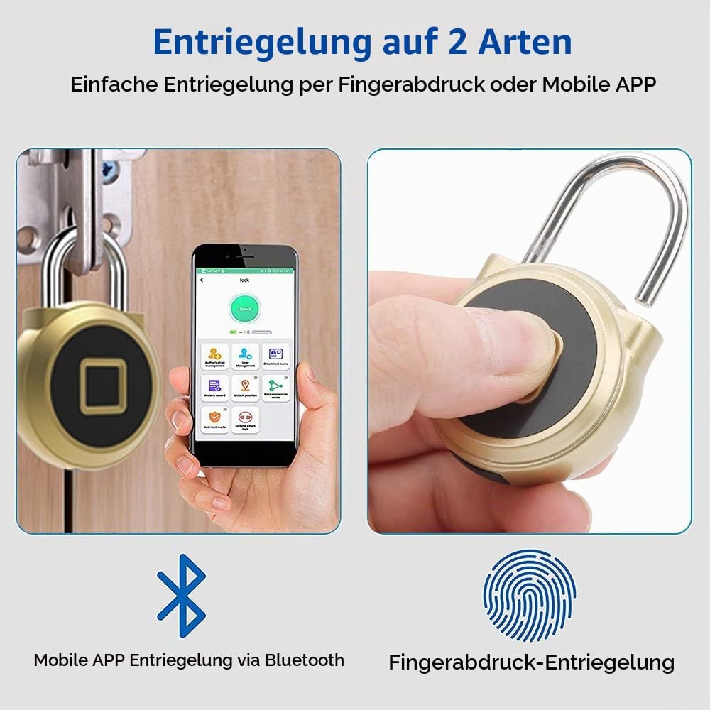 Vorhängeschloss Fitnessstudio Wetterfest Zahlenschloss - Fingerabdruck Bluetooth App eLinkSmart kein