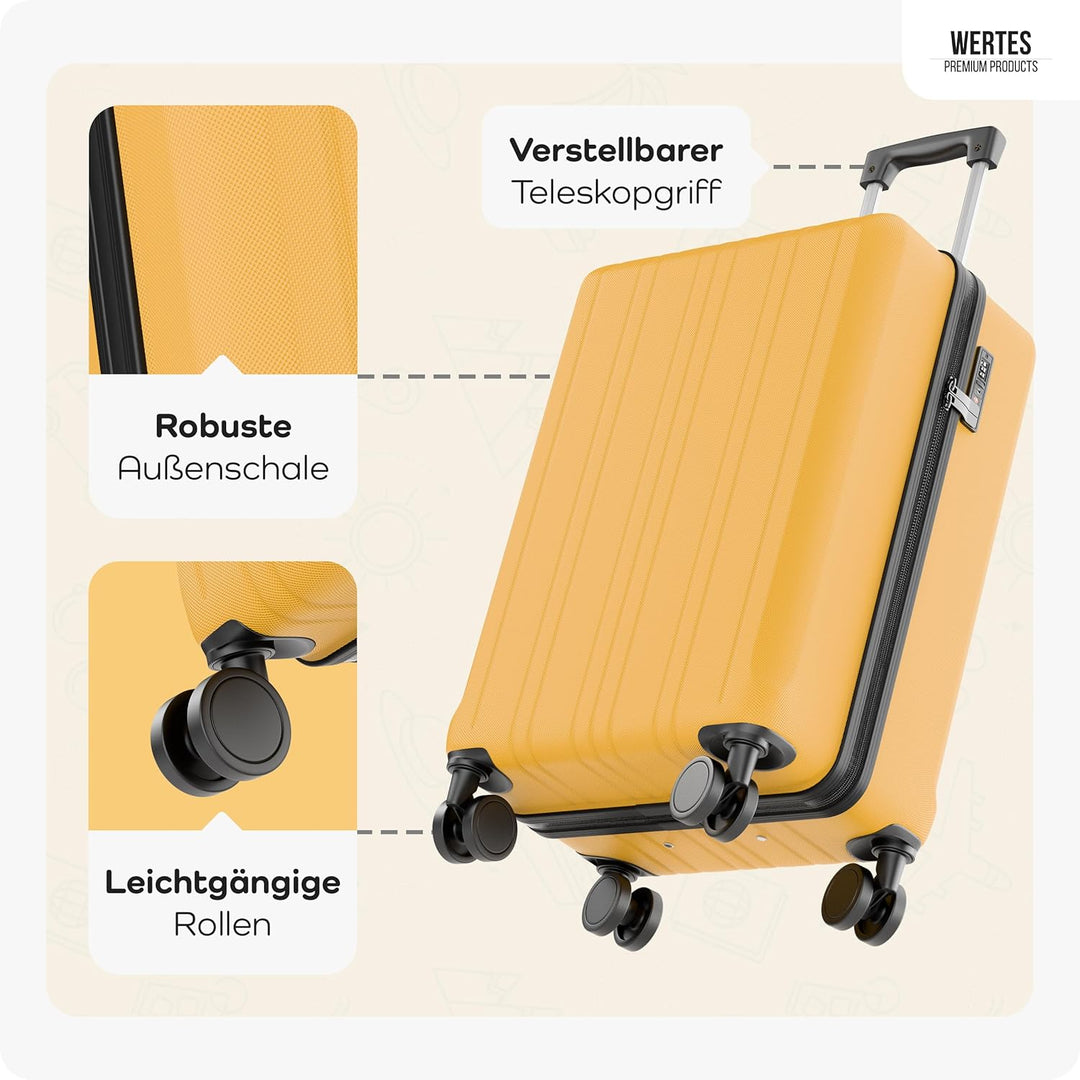 Hartschalen Koffer Mittel 67cm - 60L, TSA Schloss, Doppelrollen, Reisekoffer mit Rollen, Senfgelb 67