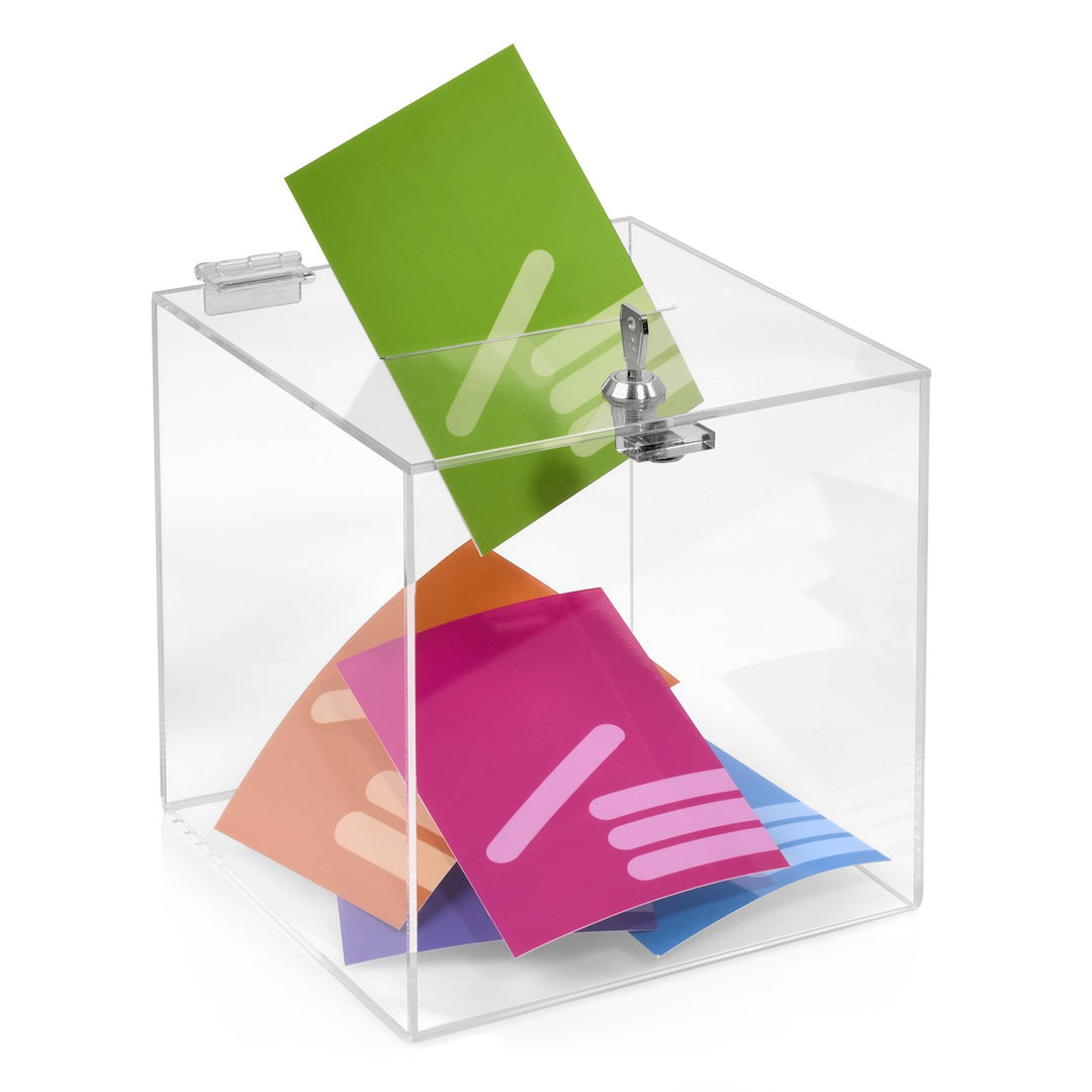 Losbox/Aktionsbox 200x200x200mm mit Schloss, aus transparentem Acrylglas/Spendenbox/Einwurfbox/Gewin