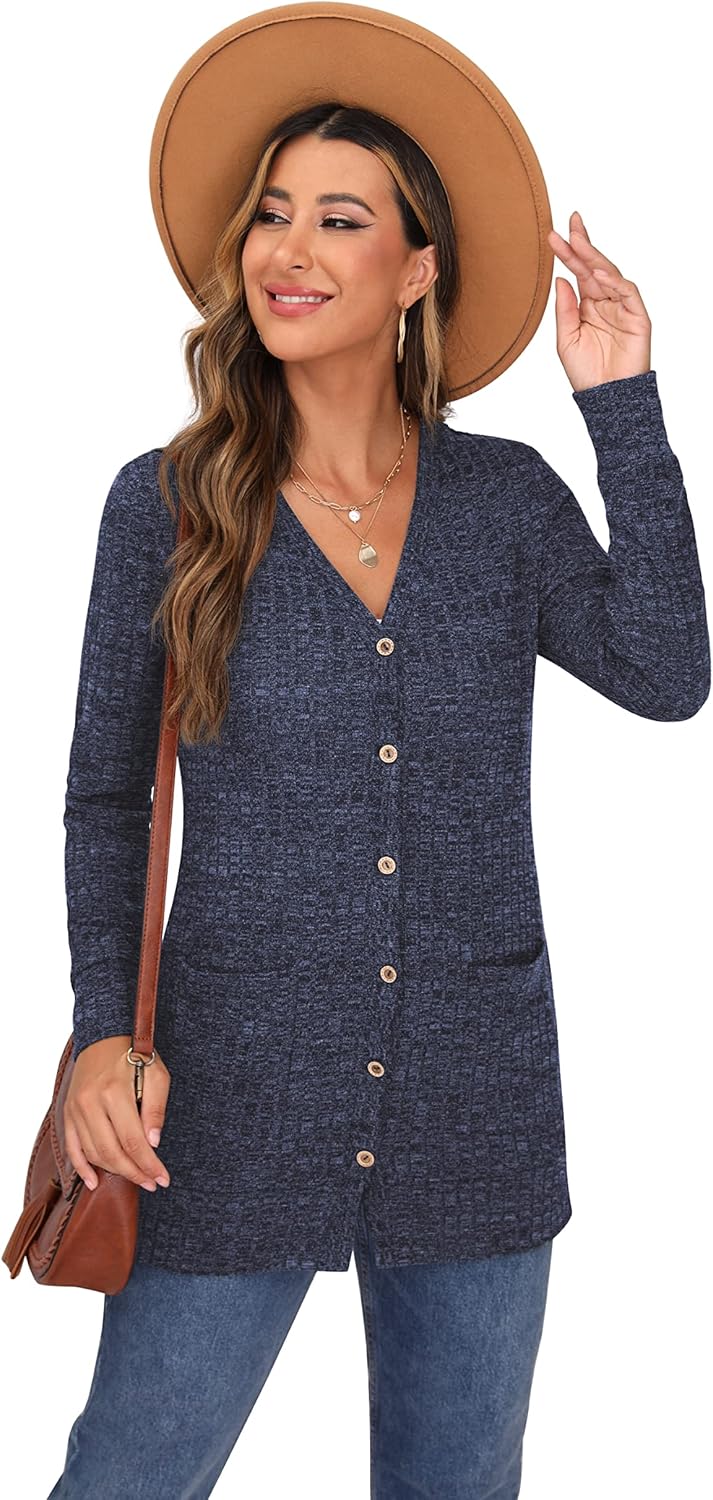 GRECERELLE Damen Leichte Strickjacke Lang mit Taschen und Knöpfen Long Elegant Cardigan V-Ausschnitt
