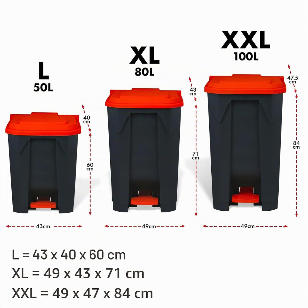 Floordirekt Mülleimer 50 Liter, roter Deckel, Abfalleimer für Küche und Büro, Mülltrennsystem, Tretm