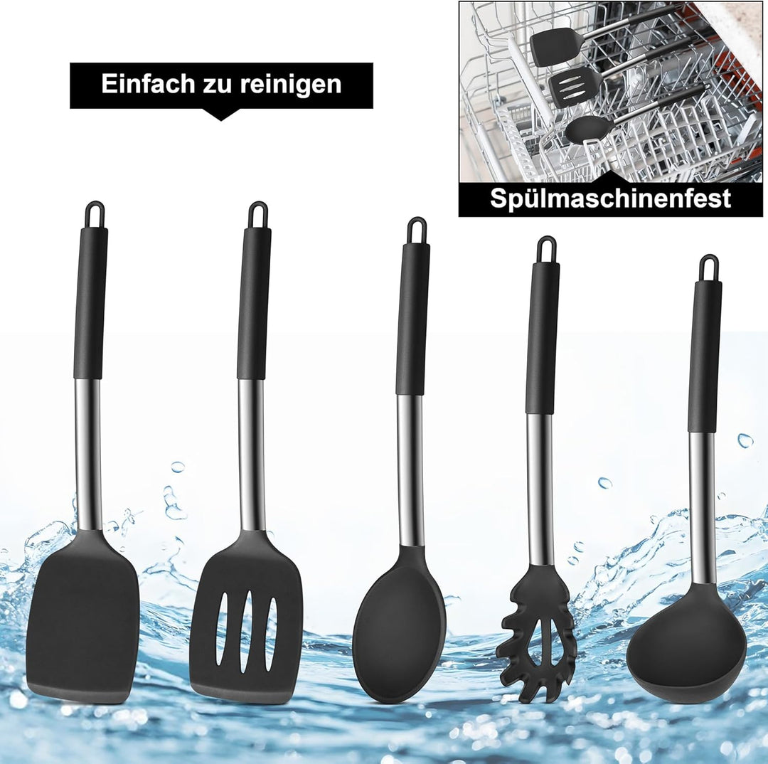 Herogo Küchenhelfer Set, 7 Stück Silikon Küchenutensilien Set, Küchenutensilienset mit Edelstahlgrif