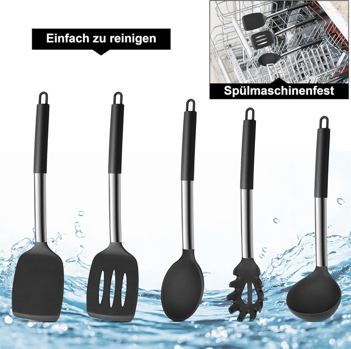 Herogo Küchenhelfer Set, 7 Stück Silikon Küchenutensilien Set, Küchenutensilienset mit Edelstahlgrif
