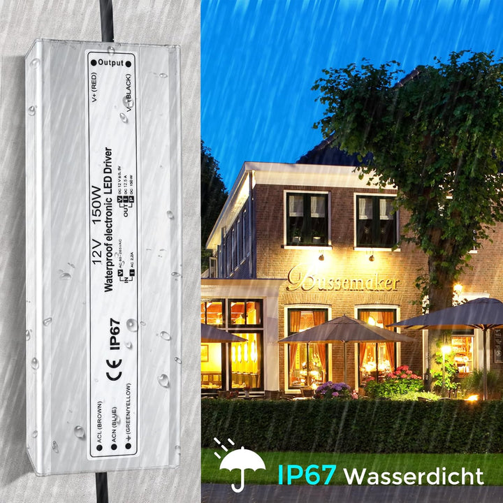 LED Trafo 12V 150W IP67, Outdoor Wasserdicht Transformator mit Stecker, LED Netzteil Treiber 230V au