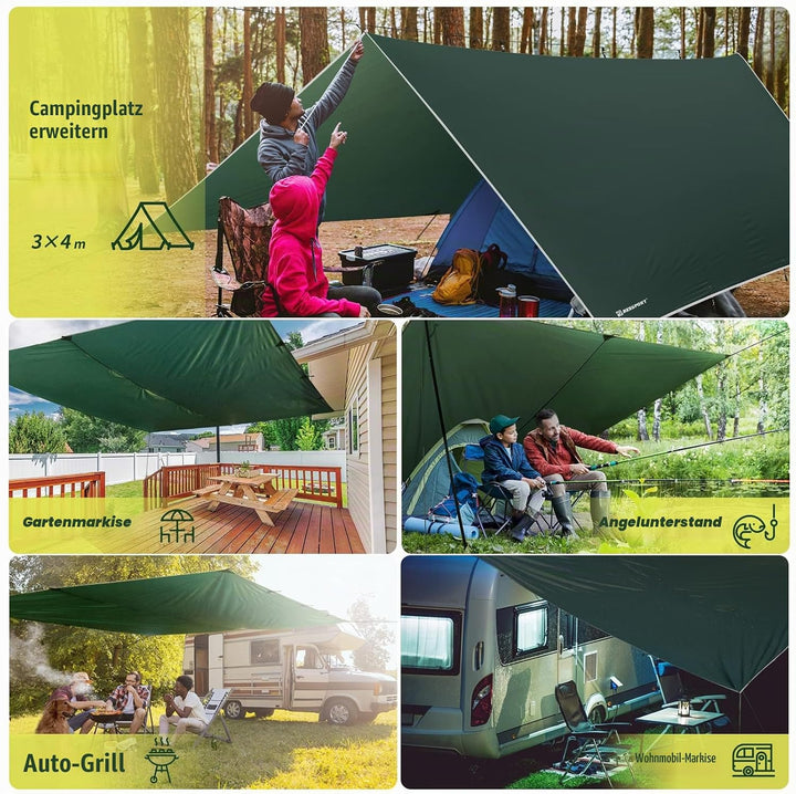 Bessport Zeltplane, Camping Zelt Tarp 3m x 3m/3m x 4m Wasserdicht PU3000 mm Tarp für Hängematte, mit
