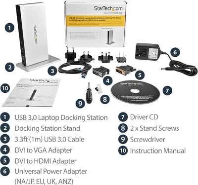 StarTech.com Dual Monitor Dockingstation mit USB 3.0 auf DVI-I & DVI-D und Adaptern für VGA & HDMI,