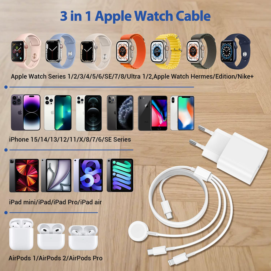 Apple Watch Ladekabel Original USB C für iWatch und iPhone, 3 in 1 Kabel 2M mit Ladegerät iPhone Sch