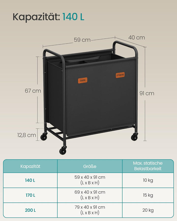 SONGMICS Wäschekorb mit Rollen, Wäschesammler 2 Fächer, 140 L Wäschesortierer, beweglicher Wäschewag