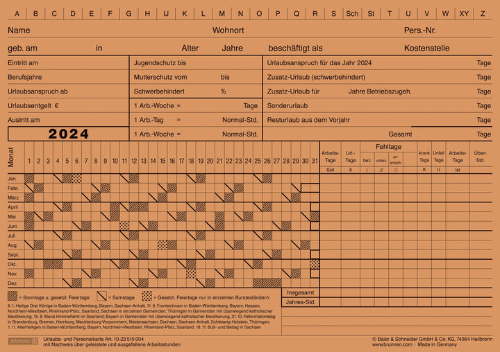 BRUNNEN Urlaubs- und Personalkarten 2024 A5 quer orange