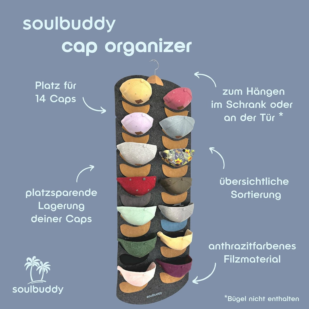 Soulbuddy Cap Organizer für 14 Caps | Aufbewahrung für Schirmmützen | Hängeregal für Kappen | Hat St