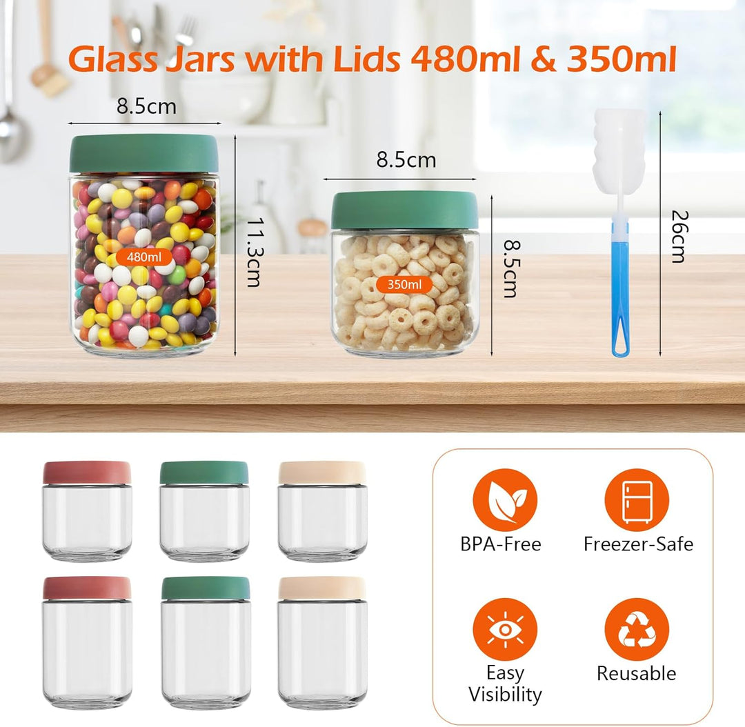 VINATO Meal Prep Gläser 6er Set mit Deckel | 3x480ml + 3x350ml Overnight Oats Behälter, Stapelbare J